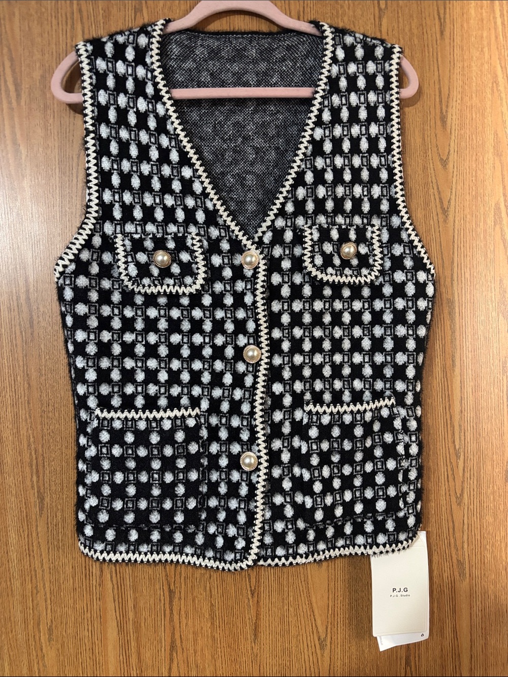 Black & White Tweed Pearl-Button Vest